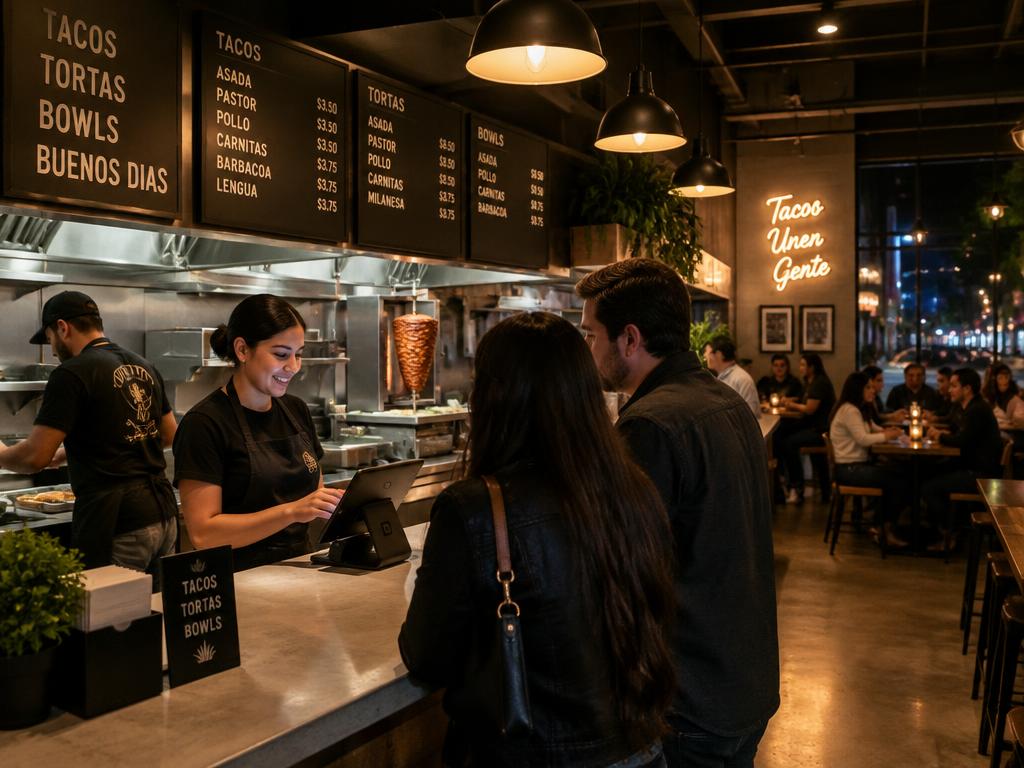 Mostrador de un restaurante de tacos atendiendo clientes