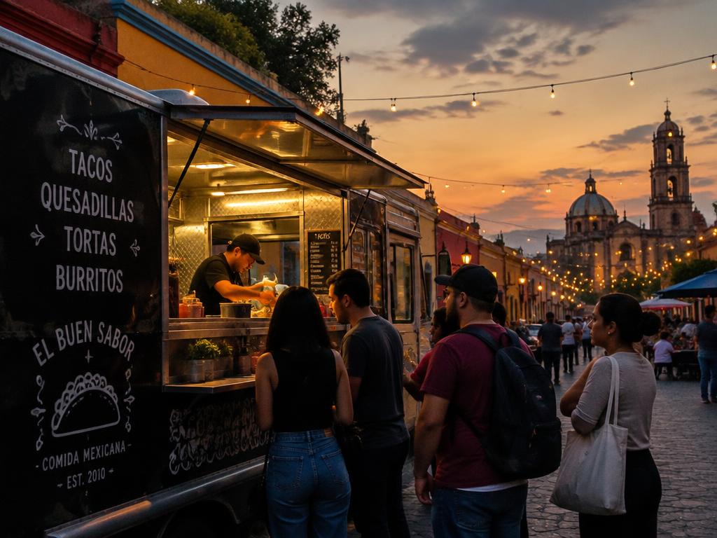 Food truck atendiendo clientes al atardecer